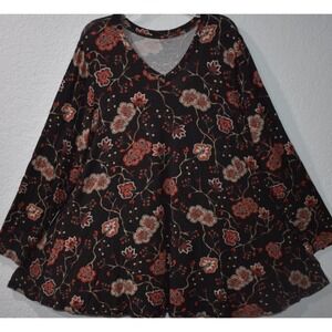 Lane Bryant Stretch Top 18/20 V-Neck Black/Red Floral Long Sleeve Tunic Pullover